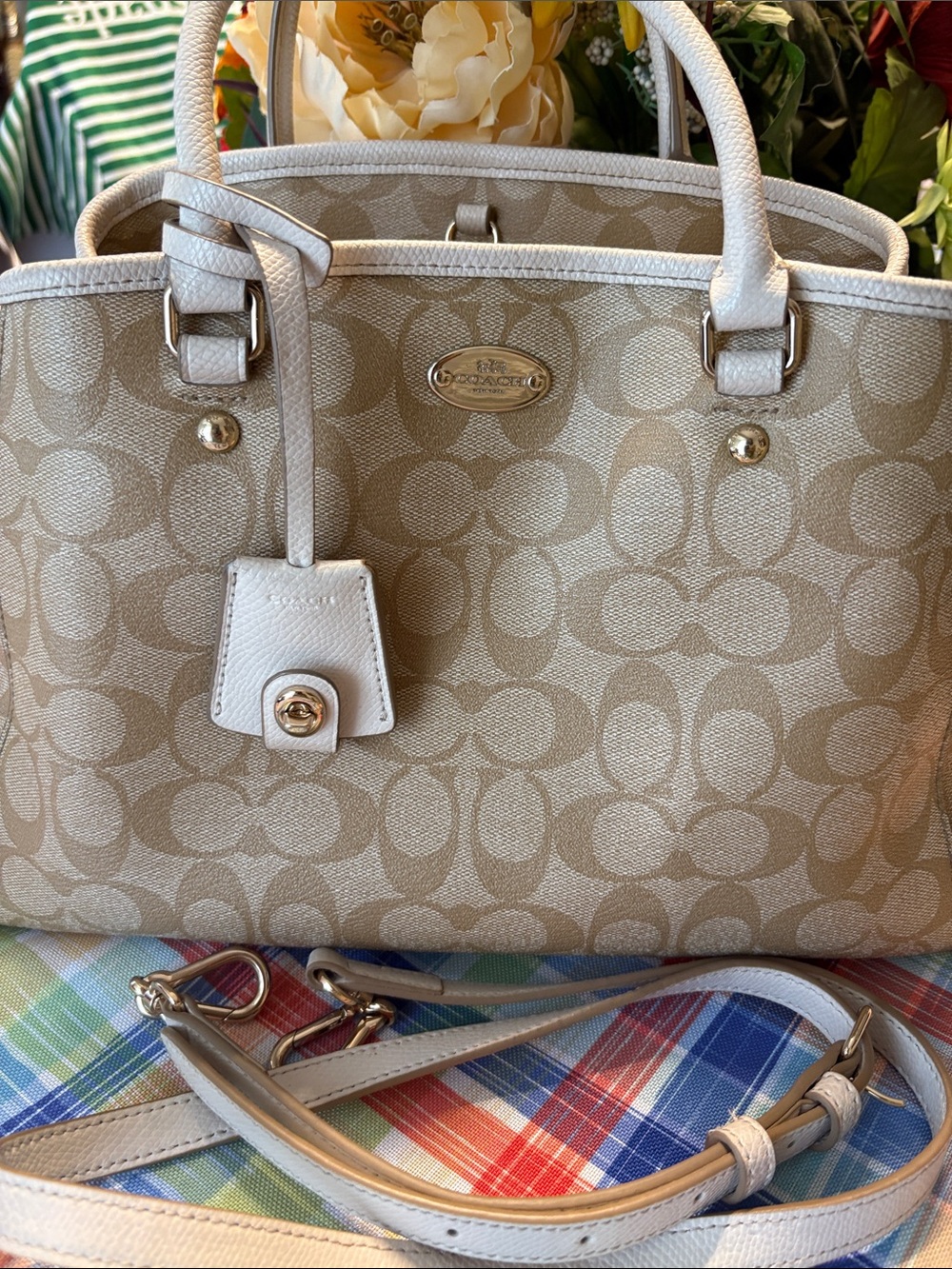 Coach Madison Beige Signature Canvas Satchel with White Trim